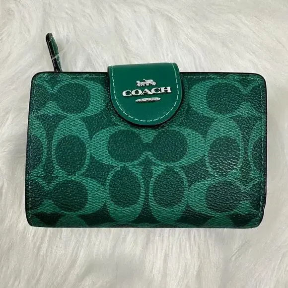 Coach Medium Corner Zip Wallet In Signature Canvas CW786 Silver/Bright Jade NWT - Picture 1 of 5